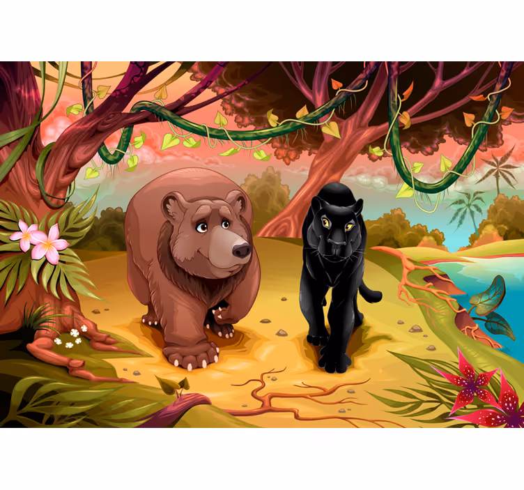 ジャングルの中で子供の壁画動物 - TENSTICKERS