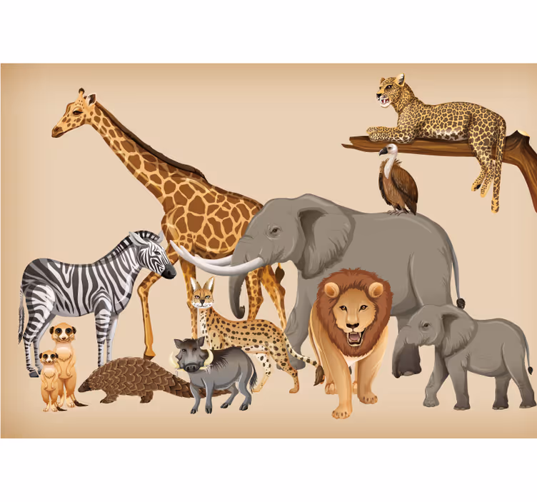木の上のヒョウ さまざまな動物 壁画 - TENSTICKERS