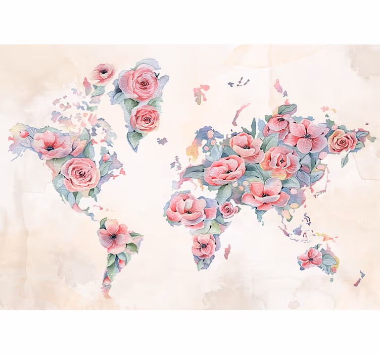 花で飾られた世界地図壁画 - TENSTICKERS