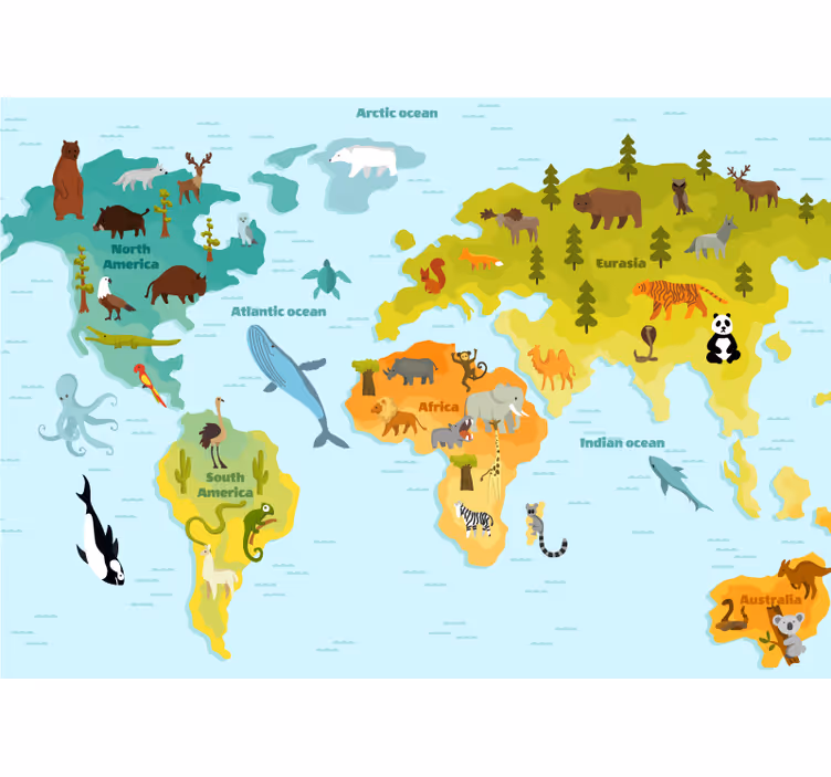 動物のいる北欧の世界地図壁画 - TENSTICKERS
