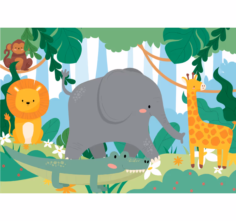動物 壁画 フレンドリーなジャングルの動物たち - TENSTICKERS