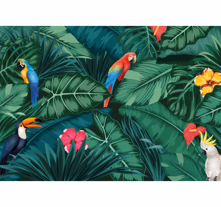 オウムの森の壁の壁画とカラフルなジャングル - TENSTICKERS