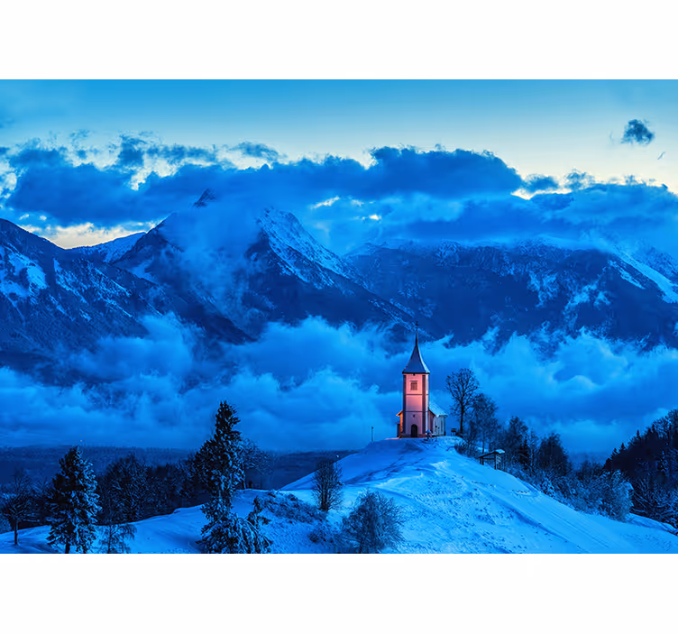 木の壁の壁画と青い山の風景 - TENSTICKERS