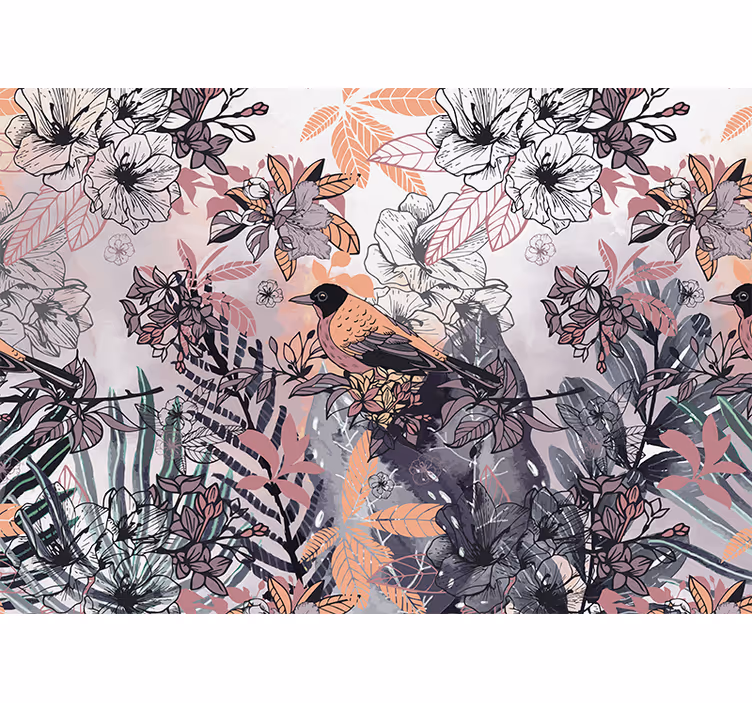 花 柄 壁画 花の中の鳥 - TENSTICKERS