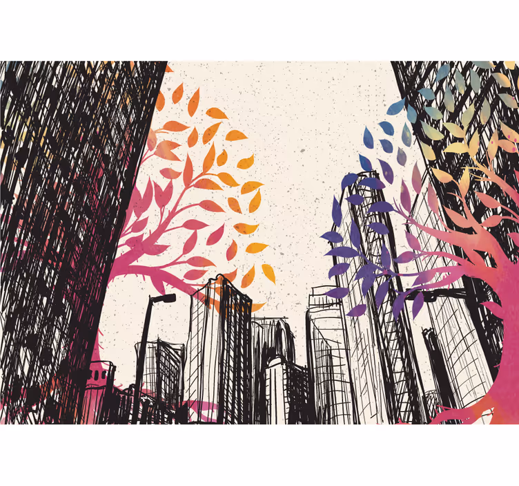 都市と国の壁の壁画 色とりどりの木々のある都市の景観 - TENSTICKERS
