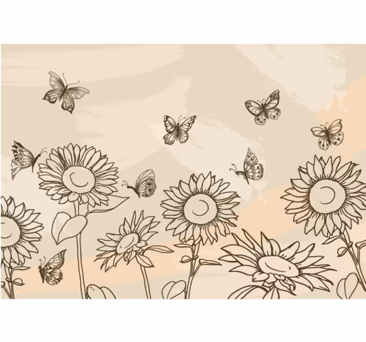 花 柄 壁画 ひまわりと蝶のスケッチ - TENSTICKERS