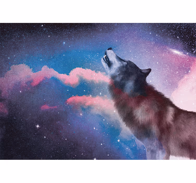 星の壁の壁画で遠吠えする白いオオカミ - TENSTICKERS