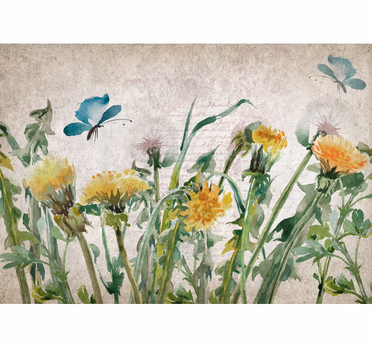 花 柄 壁画 蝶とタンポポの壁画 - TENSTICKERS
