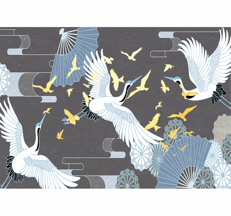 東洋の鳥の白と灰色の壁の壁画 - TENSTICKERS