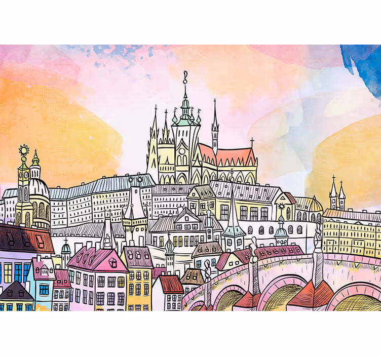 プラハの夕日の街のリビングルームの壁画 - TENSTICKERS