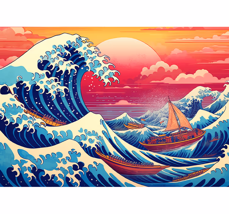 クラシックアート 壁の壁画 日本の波の飽和色 - TENSTICKERS