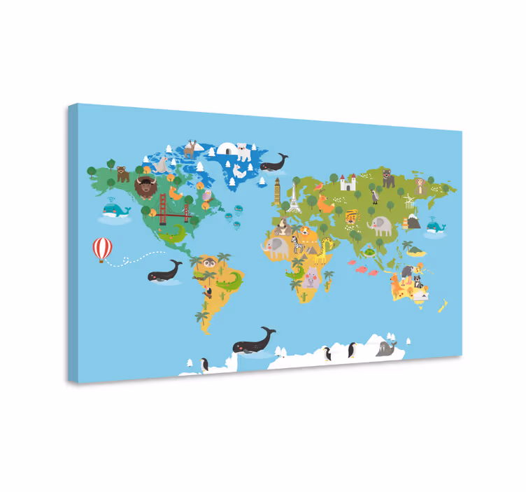 漫画の動物の世界地図の帆布 - TENSTICKERS