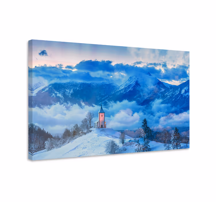 キャンバス 風景 雪に覆われた山の教会 - TENSTICKERS
