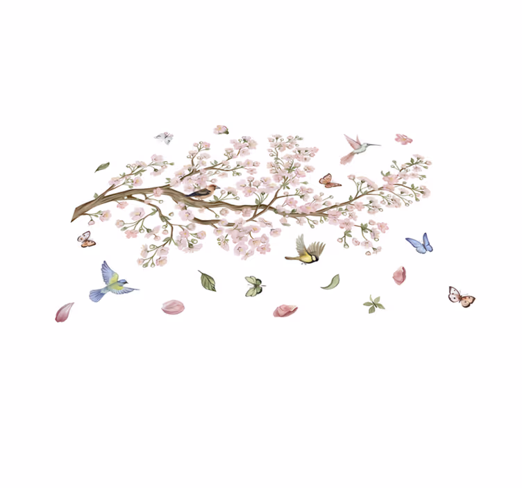 花と植物の壁画 鳥と桜の風景 - TENSTICKERS