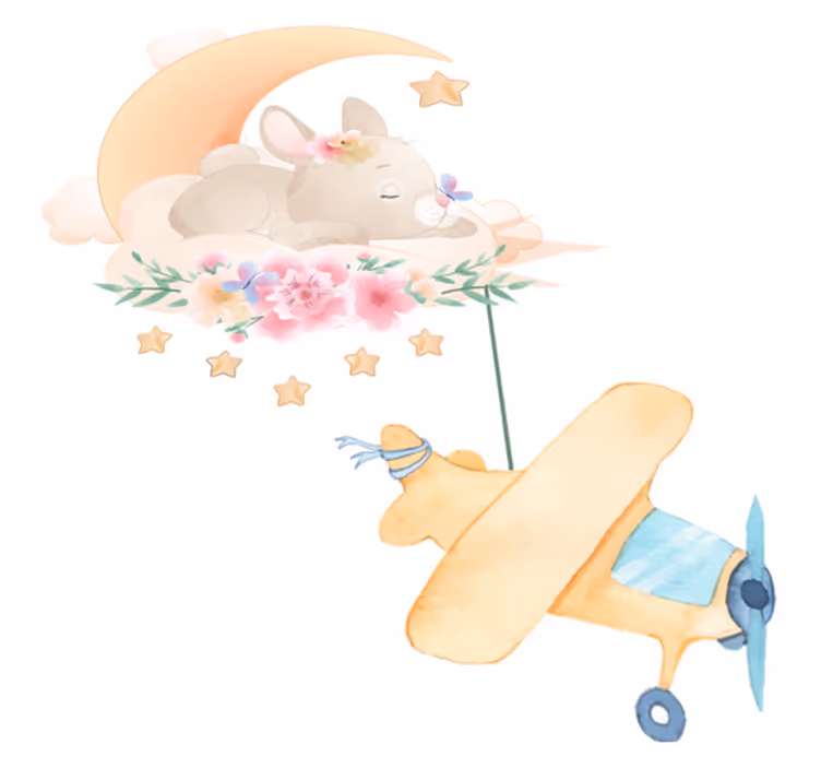 動物 ビニールマット 月の上で眠るウサギとおもちゃの飛行機 - TENSTICKERS