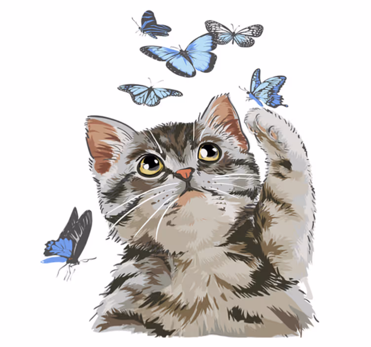 動物 ビニールマット 青い蝶と子猫 - TENSTICKERS