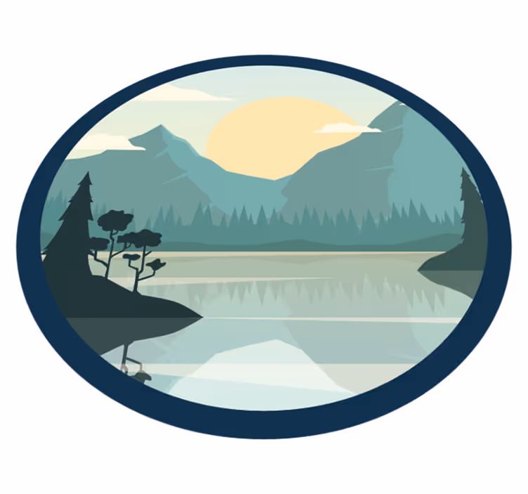 花と植物の壁画湖のあるシルエットの山 - TENSTICKERS