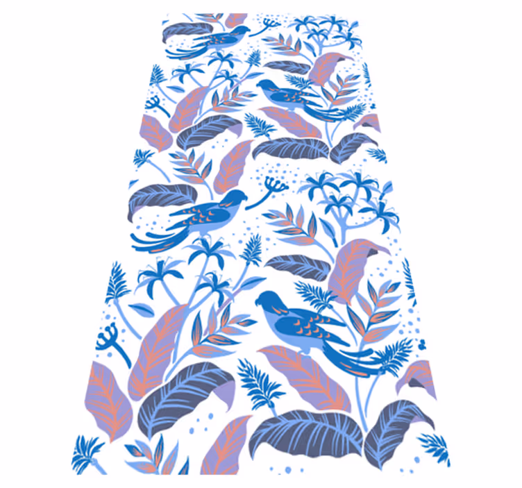 花と植物の壁画　葉の上の青い鳥とピンクの鳥 - TENSTICKERS