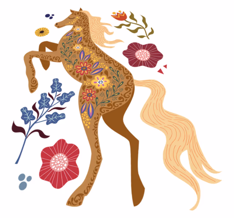 花と植物の壁画野生馬の民話イラスト - TENSTICKERS