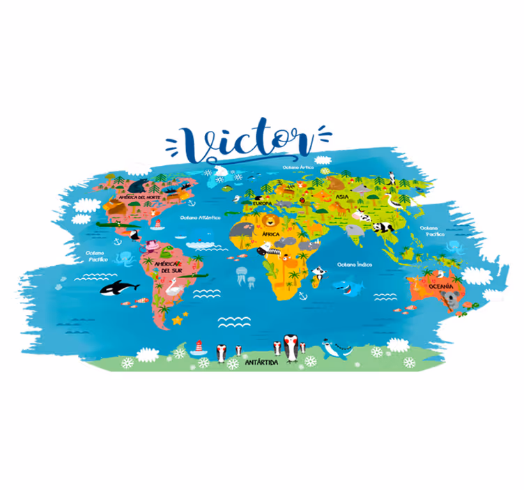 世界地図 ビニールマット 動物名入りの世界地図 - TENSTICKERS