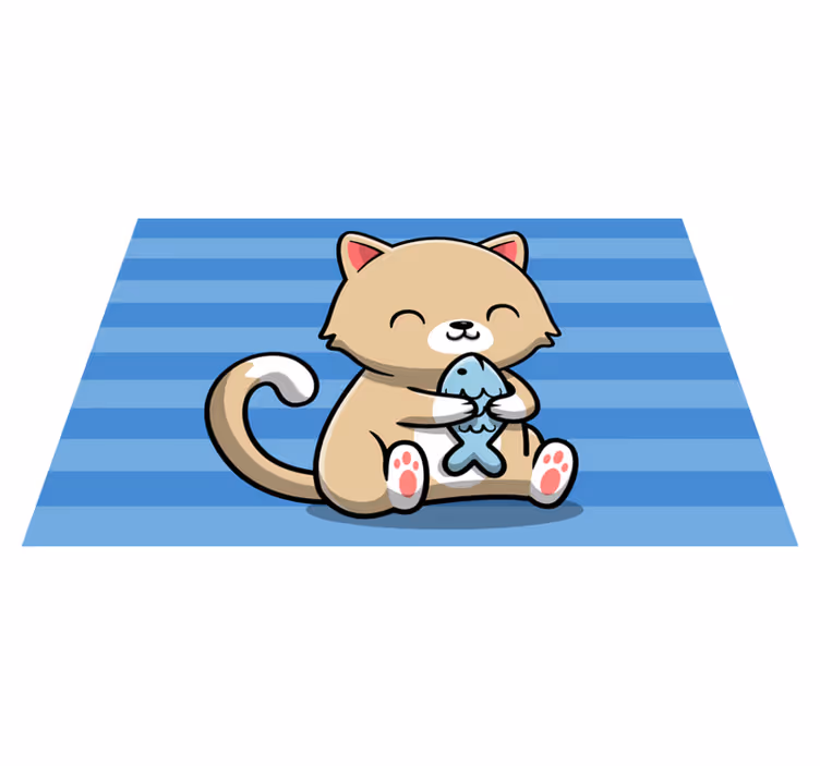 動物 ビニールマット かわいい魚を持った猫 - TENSTICKERS