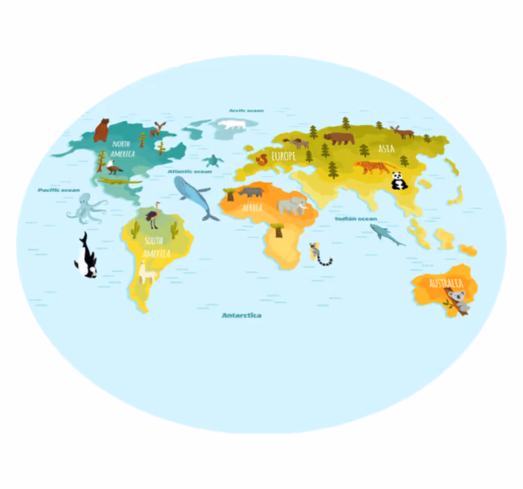 世界地図 ビニールマット 動物イラストマップ - TENSTICKERS
