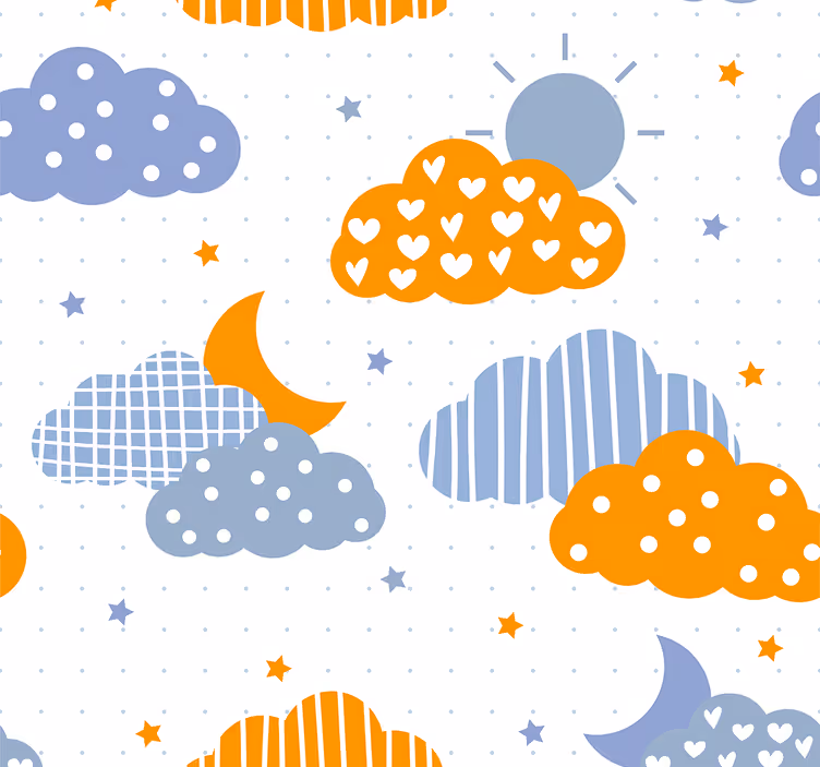 子供の寝室の壁紙青とオレンジの雲と太陽 - TENSTICKERS