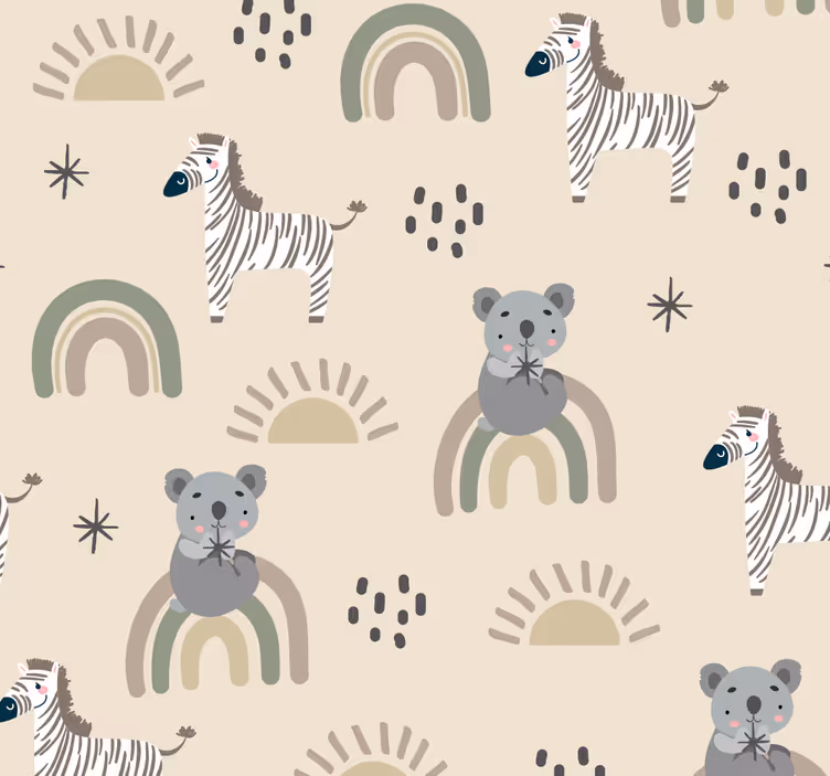 動物の壁紙 ベージュとグレーの子供用パターン - TENSTICKERS