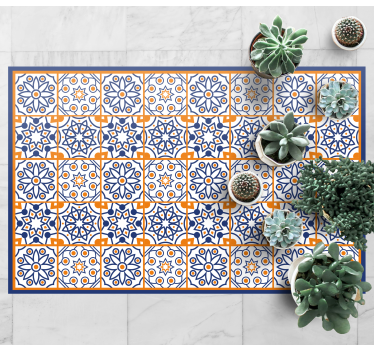 鮮やかな青の模様のビニール タイル カーペットで空間を彩る。お手入れ簡単で高品質。