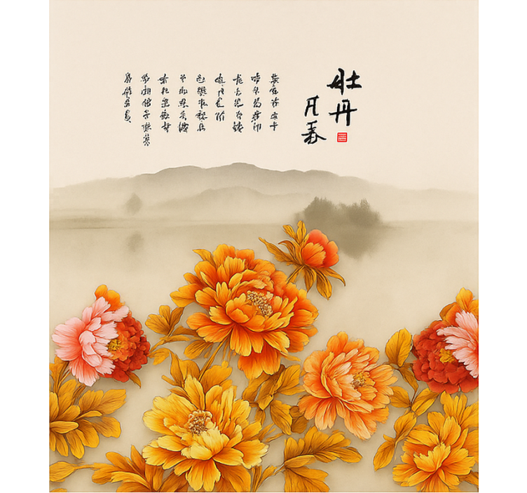 リビング カーテン ブラインド 牡丹の風景画 - TENSTICKERS