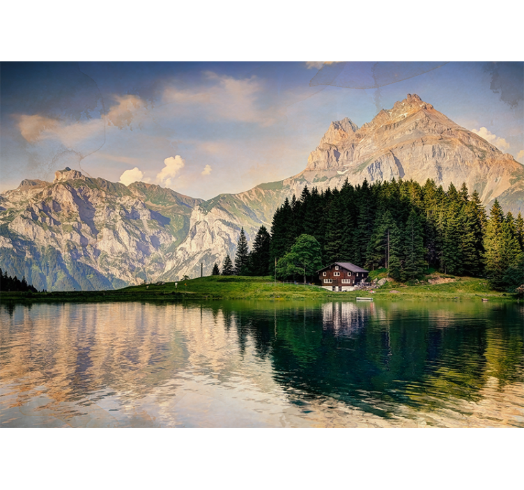 リビング カーテン ブラインド 湖畔の家と山々の背景 - TENSTICKERS