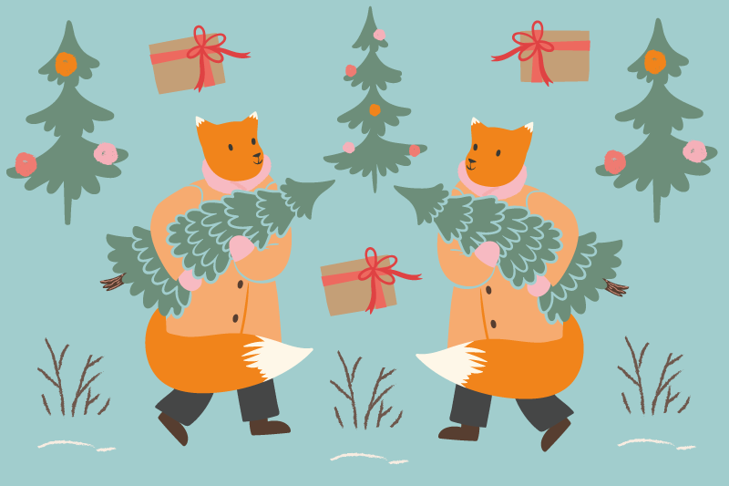 クリスマス ランチョン マット お祝いのキツネと木を運ぶ - TENSTICKERS