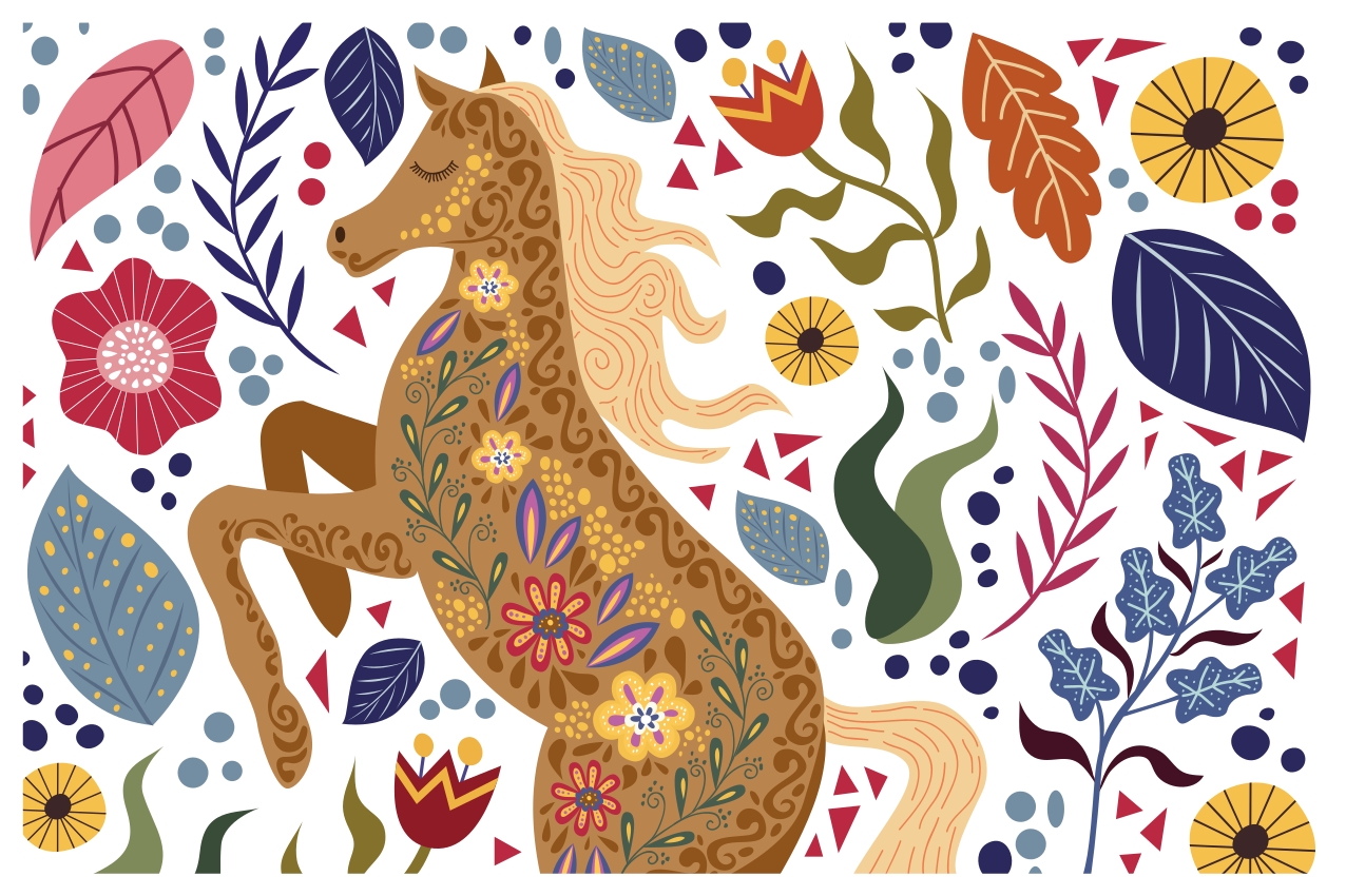 野生の馬の民間伝承のイラストのプレースマット - TENSTICKERS