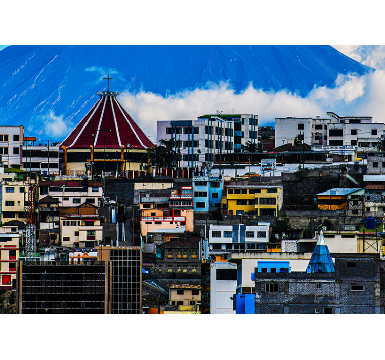 都市と国の壁の壁画 火山のある街並み - TENSTICKERS