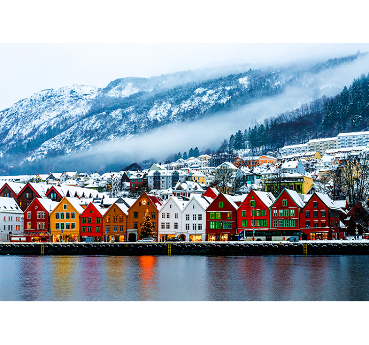 都市と国の壁の壁画 カラフルなウォーターフロントの家 - TENSTICKERS