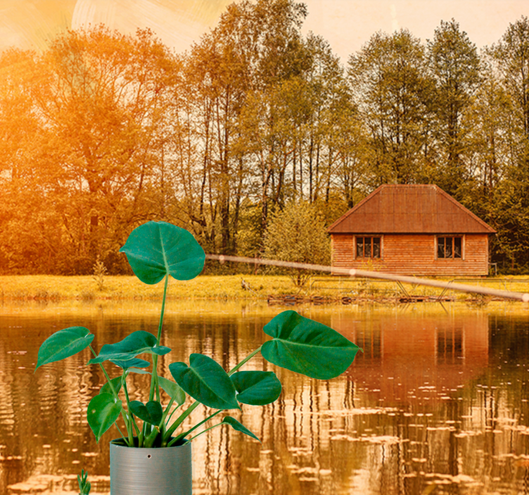 山の壁の壁画と茶色の家の湖 - TENSTICKERS