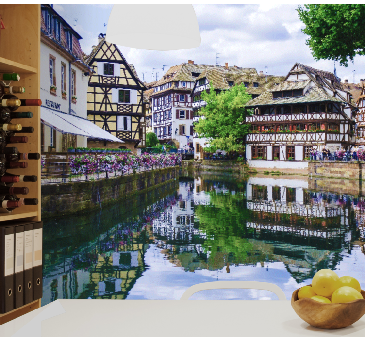 都市と国の壁の壁画魅力的な川辺の村 - TENSTICKERS