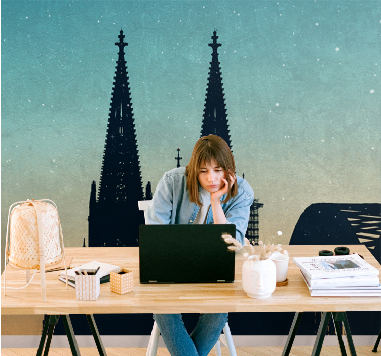 都市と国の壁の壁画シルエットの大聖堂の塔 - TENSTICKERS