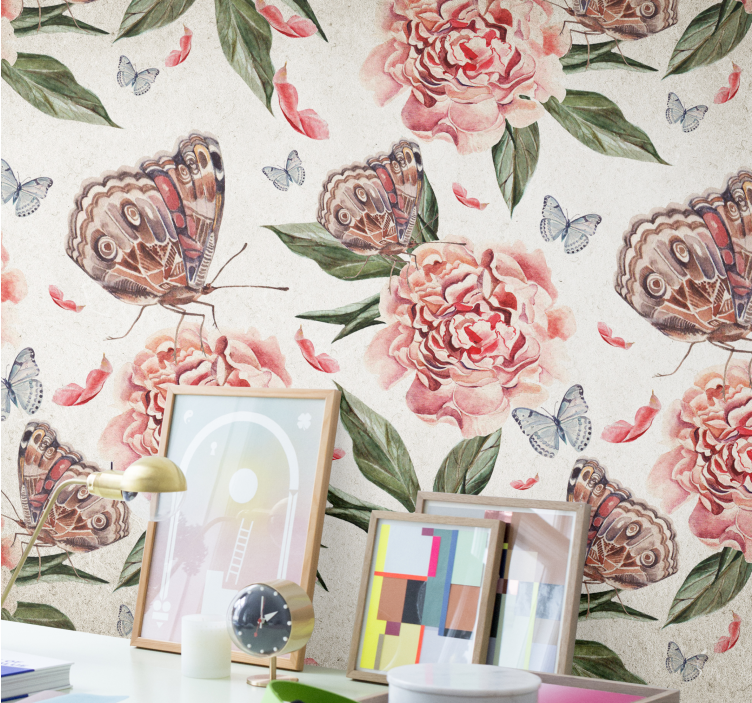 花 柄 壁画 蝶とシャクヤク - TENSTICKERS