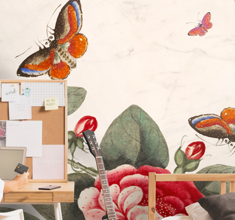 花 柄 壁画 蝶と花の舞う風景 - TENSTICKERS