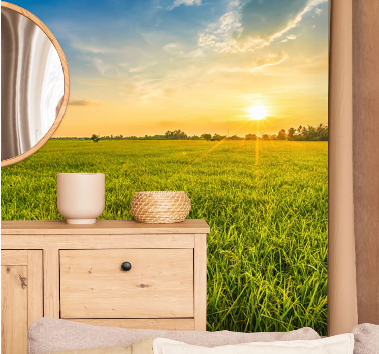 風景壁壁画緑の野原に沈む夕日 - TENSTICKERS