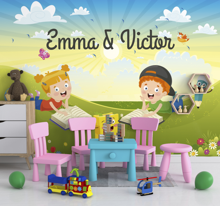 子供の寝室 壁画 本を持つ子供たち - TENSTICKERS