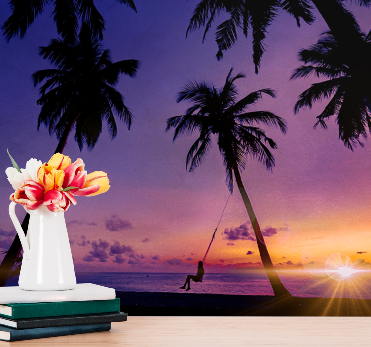 自然 壁画 夕焼けの揺れるヤシの木 - TENSTICKERS