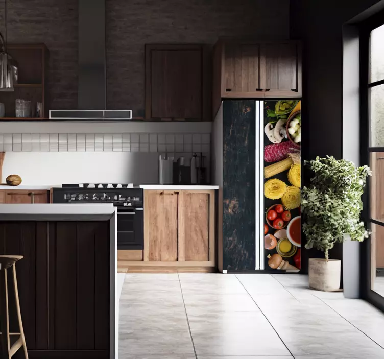 冷蔵庫 シール ビニール食べ物を木材上に - TENSTICKERS