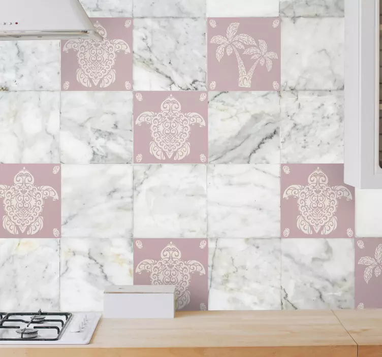 ハワイアンタートルアンドパームパターンタイルデカール - TENSTICKERS