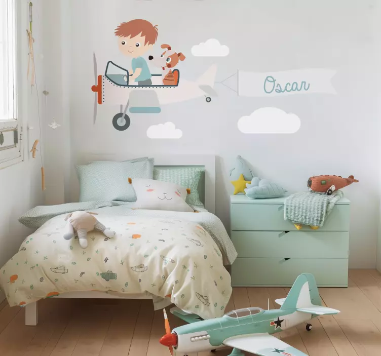 イラスト壁のステッカー 飛行機に乗った少年と犬 - TENSTICKERS