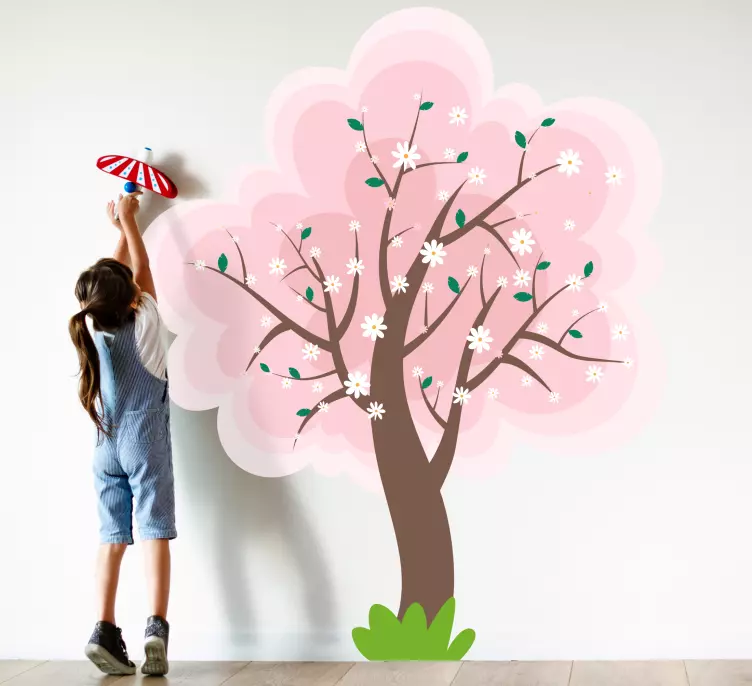 茶色の木の花の壁のステッカーにピンクの花 - TENSTICKERS