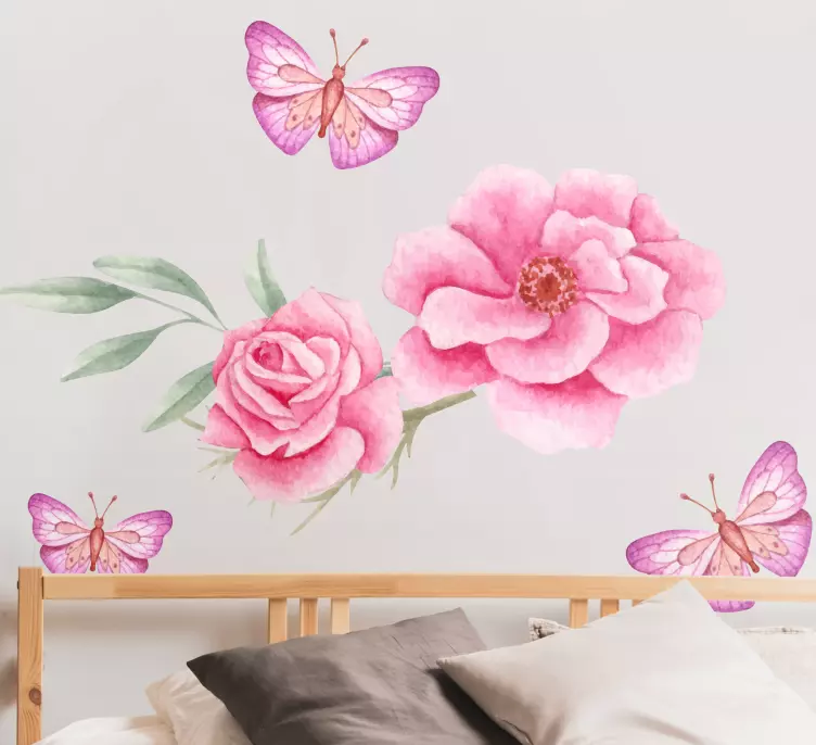 ピンクのバラと蝶の花のウォールステッカー - TENSTICKERS