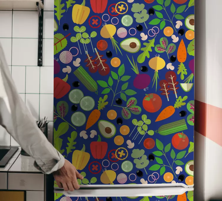 青い背景の冷蔵庫のステッカーに野菜 - TENSTICKERS