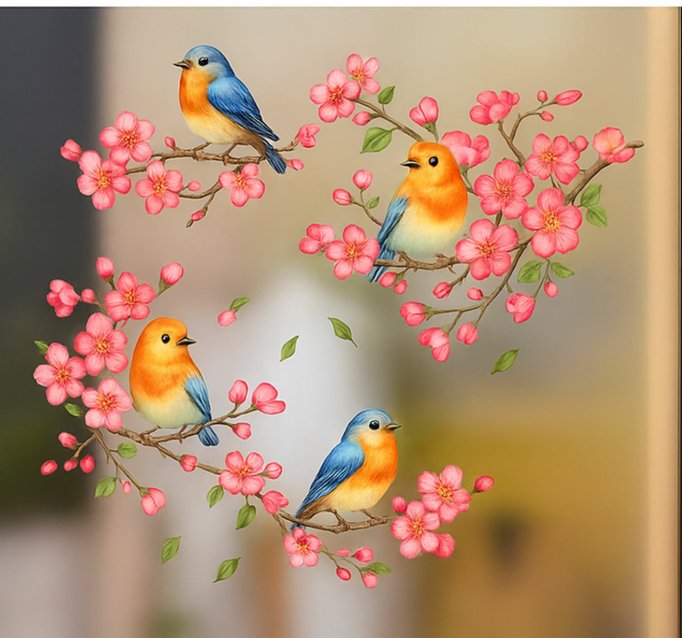 動物 シール ピンクの花と鳥 - TENSTICKERS